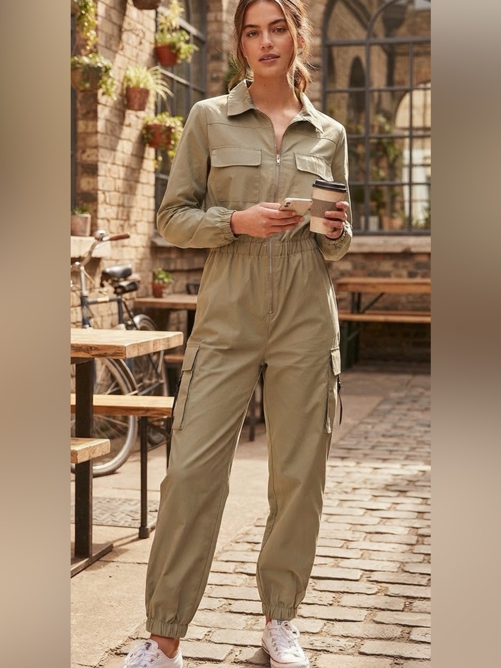Almost Famous Sage Green Khaki Utility Jumpsuit M